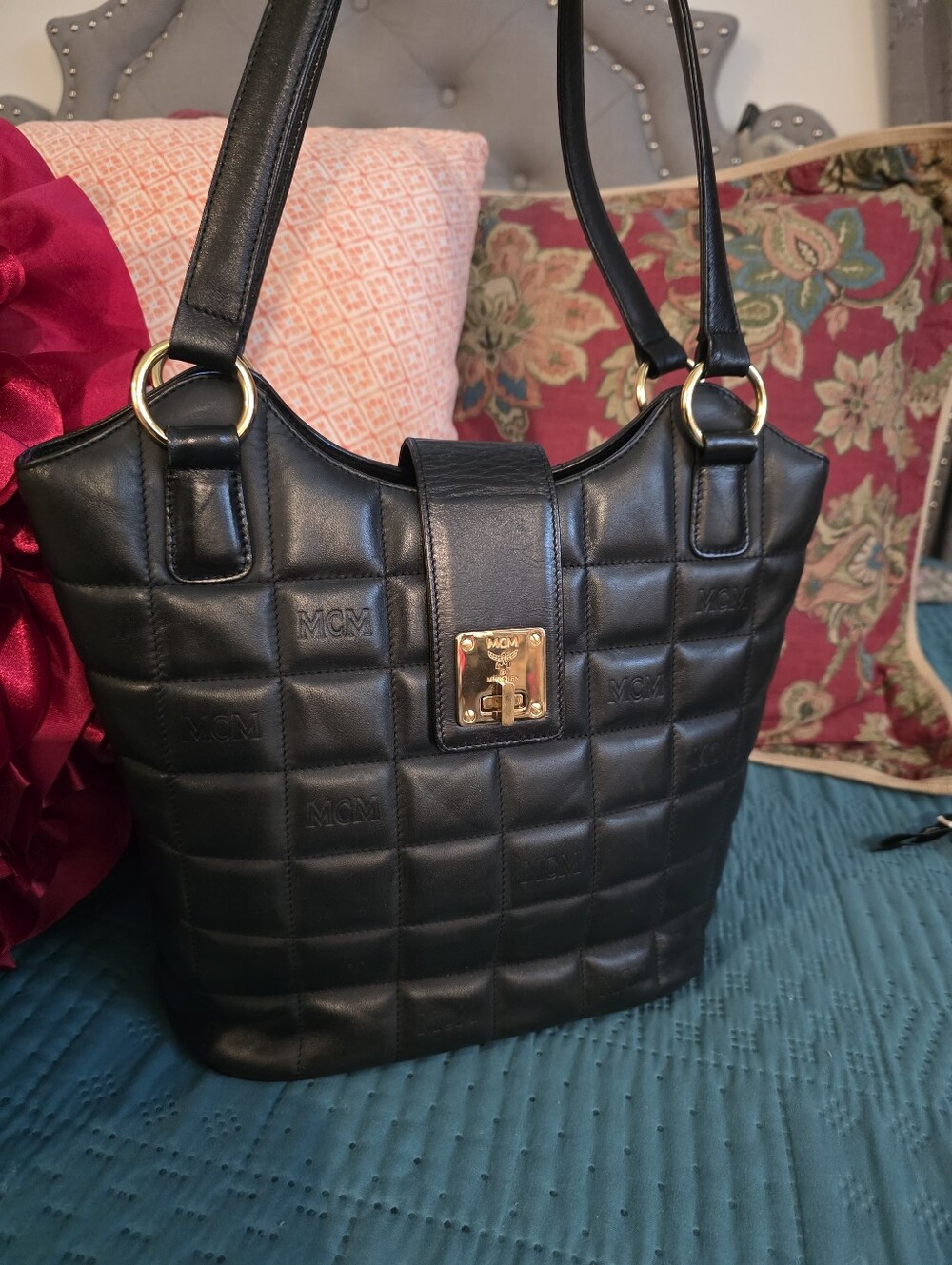 MCM Black Quilted Leather Tote with Gold-Tone Lock